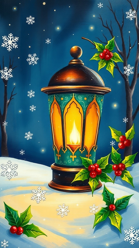 A festive Christmas lantern painting with snowflakes and holly on a winter night.